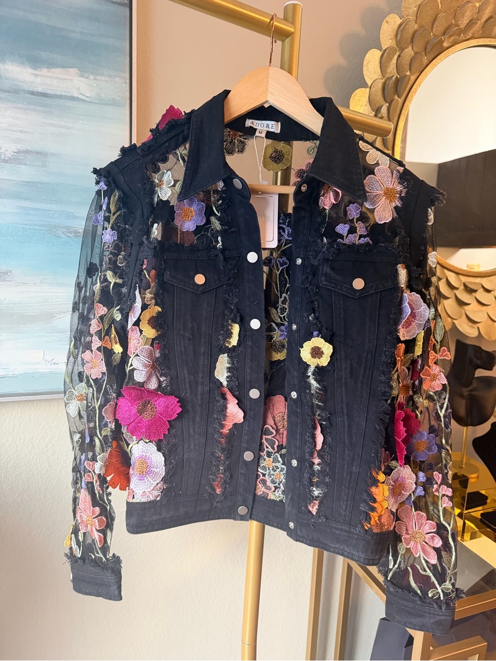NWT Adore Large Black Floral Mesh Sleeve Denim Jacket Statement Piece NWT - Picture 8 of 13